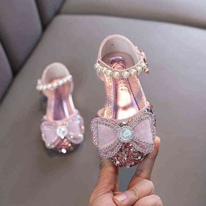 Nieuwe zomerse pailletten voor kinderen sandalen mode kleine meisjes diamant boog prinses schoenen kinderen schijnen parel bruiloft sandalen g220523