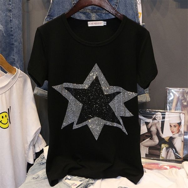 Nouveau coton d'été T-shirt à manches courtes Noir All-Match Loisirs Pulls Stars Modèle Hot Diamonds Vêtements pour femmes Tops 210316