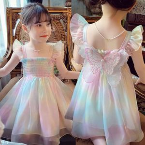 Nieuwe zomer schattige prinses gradiënt regenboog vlinder decoratie mesh jurk voor meisjes kinderen feest prom jurk kleding l2405 l2405