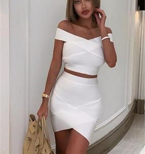 Nuevo Vestido de verano para mujer, Sexy, con hombros descubiertos, 2 piezas, Vestido vendaje blanco, Vestido elegante de fiesta, Vestido 2103163667514