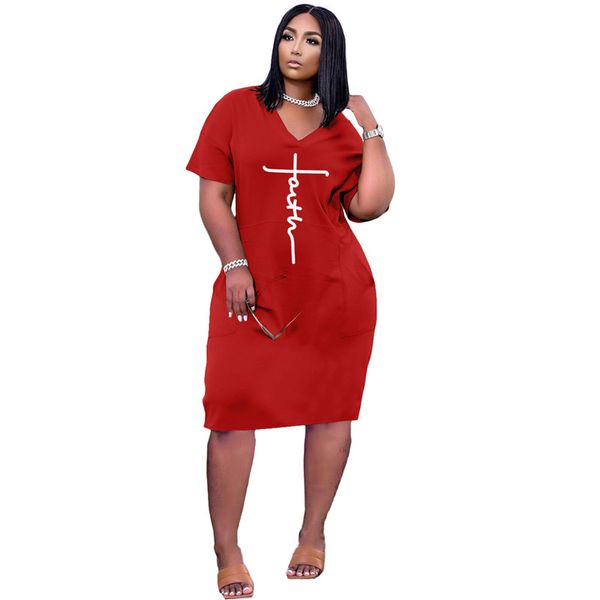 Nouveau Summer Faith Robes Femmes Plus Taille 3XL Robe Moulante À Manches Courtes Col En V Jupe avec poches Casual Noir Lâche Midi jupes Vêtements en gros 6898