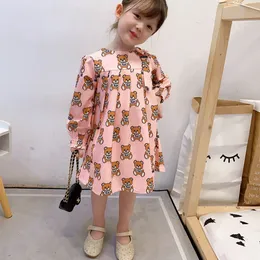 Nieuw zomerse modemerk Cartoon Letter Style Kids Girl Cleren Long Sleeveved Bear Print Dress Baby Girl Princess Dress 2-8 jaar