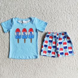 NIEUWE Summer Fashion Cool Special Design Blue Top Popsicle Print Baby Boy Children Boutique Clothing Set