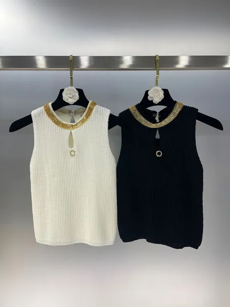 Débardeur en tricot à paillettes blanc et noir pour femme, col rond, sans manches, ajouré, Slim Fit, pull, nouvelle mode d'été