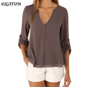 Nieuwe zomer vrouwelijke modellen lange mouwen V-hals losse chiffon shirt Comfortabel ademend met knoppen plus size trui