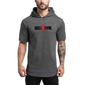 Nieuwe Zomer Fitness Hooded T-shirt Mannen Streetwear Effen Bodybuilding Korte Mouw T-shirt T-shirt Gyms Tee Shirt Homme 210421