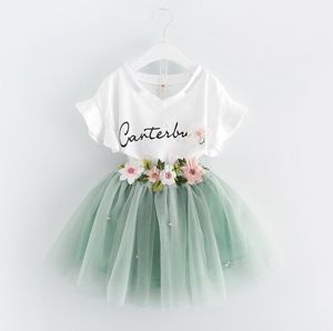 New Summer Girls Dress Set Bébé Enfants Lettres Coton Tshirt + Broderie Fleur Dentelle Tulle Jupe 2pcs Vêtements Costume Enfants Tenues 13031