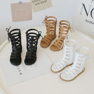 Nieuwe zomermeisjes sandalen open-tenen lange zip gladiator hoge sandalen maat 21-35 baby peuter meisje sandalen zwart, bruin.White