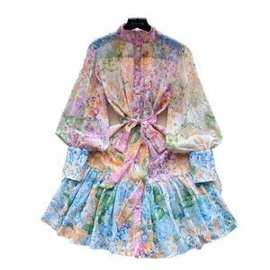 Nouveau Summer Holiday Beach Court Dr Stand Lg Lanterne Manches Floral Print Ses Lace Up Chiff Lâche Robes 6362 a0sG #