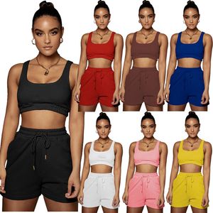 Nieuwe zomer joggerpakken dames trainingspakken tanktop crop top + shorts hardlopen tweedelige set plus size outfits zwart blauw sportkleding mouwloze T-tops + shorts 2 stuks 5379