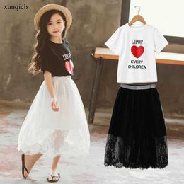 Nieuwe Zomer Kids Girl Clothes Baby T-shirt + Kantrokassen Suits Kinderen Korte Mouw Kleding Sets Meisjes Prinses Uitloper Q0716