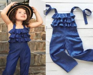 Nieuwe zomer Kids Girl Halter Denim Blue Bib broek Romper Ruches Backless mouwloze jumpsuit Playsuit Casual Outfit Deskleding T200727304333