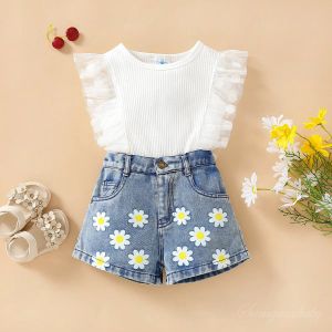 Nieuwe Zomer Kids Meisjes Kleding Set Stippen Mesh Mouw Tops T-shirt Met Denim Shorts Kinderen Meisje Outfits Sets