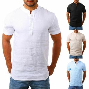 Nouveau été hommes chemise Baggy coton lin solide à manches courtes col en v haut rétro chemisier streetwear camisas hombre279H