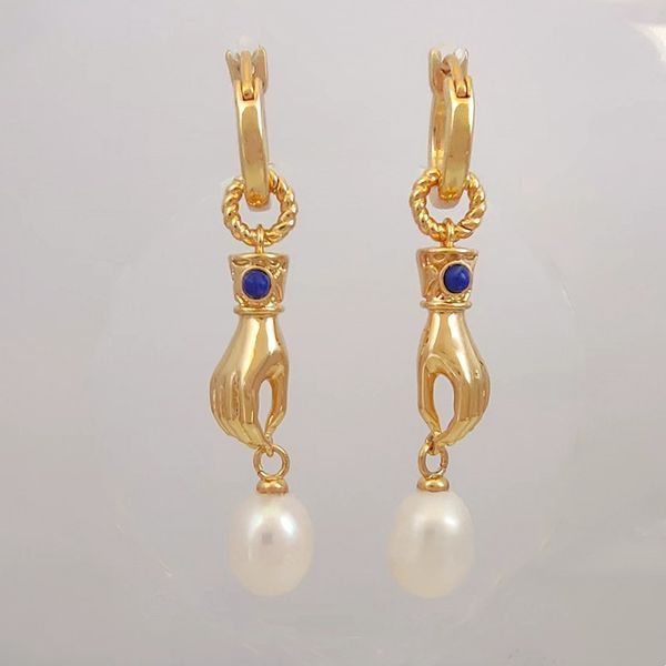 Nouveau été Niche rétro poignée de main boucles d'oreilles baroques clou perle d'eau douce naturelle plaqué or haute couture tout match bijoux cadeau