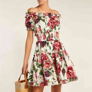 Nuevo verano fuera del hombro vestidos de fiesta de playa encantadora rosa flor impresión volantes cintura elástica vestido corto vestidos 210409