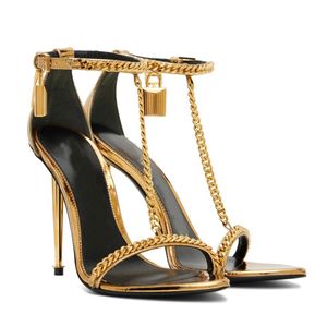 Nieuwe Zomer Hangslot Hakken Sandalen Schoenen Dames T-Strap Curb-chain Goud Metaal Goud Zwart Roze Stiletto Hoge Hak Ford Party Bruiloft Dame Sexy Gladiator Sandalias Schoen