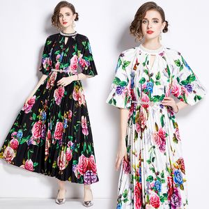 Summer Floral estampado Floral Beading Midi Midi Largis Dresses Soport Mock V Cinturón Central Manija Damas Partes casuales Vacaciones de vacaciones Vacaciones al por mayor