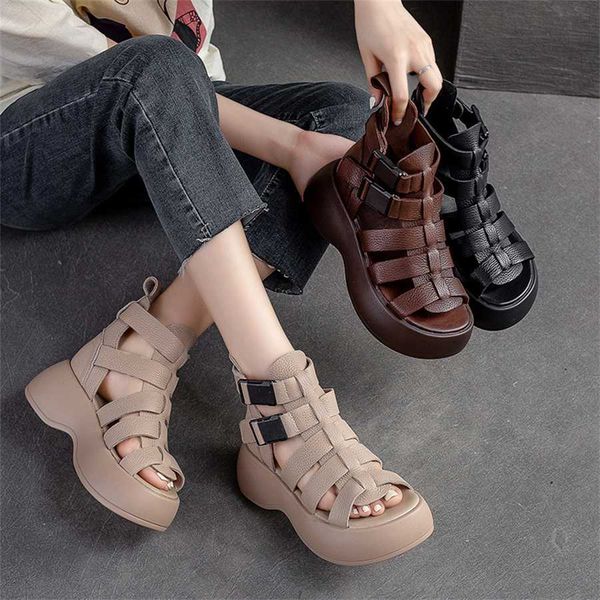 Nouvelle sandale d'été femmes creux respirant sandales semelle épaisse femmes bottes haut gâteau chaussures Style romain 240228