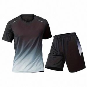 Nieuwe Zomer Sportkleding Mannen Gradiënt Gedrukt Badmint Set Outdoor Running T-shirt en Shorts Comfortabele en Ademende Kleding x8y5 #