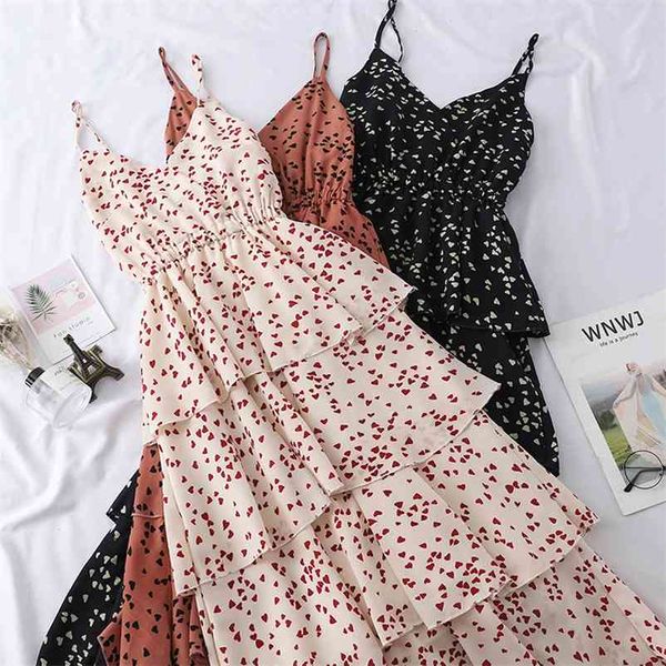 New Summer Sweet Heart Print Spaghetti Strap Dress Femmes Slim Col En V Plage Longues Robes Sans Manches Sundress Party Vestidos Mw635 210331