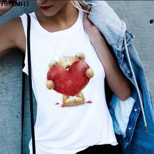 Nieuwe Zomer Tank Tops Dames Cartoon Beer Knuffel Liefde Print Camisole Top Tee Shirt Femme Sexy Sleevelloose Vest Plus Size White X0507