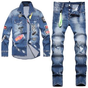 Nieuwe zomer trainingspakken herenoverhemd jeans 2-delige sets mode casual lange mouw revers denim vest en gescheurde skinny broek bedrukte 2-delige set