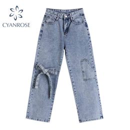Nuevos pantalones vaqueros Vintage de verano para mujer, pantalones holgados de cintura alta con diseño de lazo, ropa de calle informal holgada, pantalones de pierna ancha de mezclilla Harajuku a la moda 210417