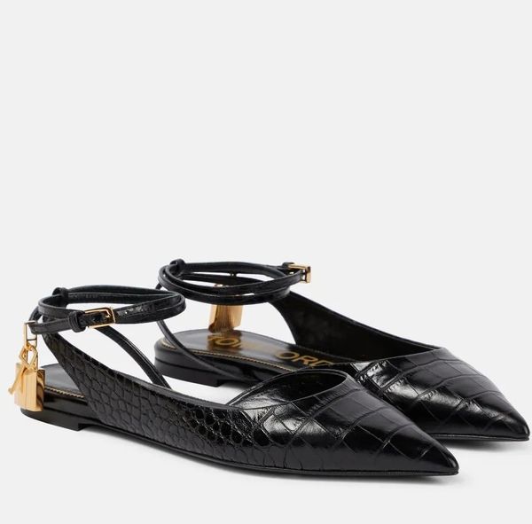 Nouveau été marche luxe femmes cadenas en cuir sandales chaussures serrure clé nu noir or cuir ballerines facile à porter dame fête marche femme tom fords robe boîte à chaussures