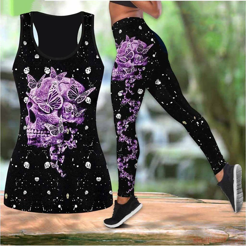 New Summer Women Beautiful Skull Printed Sets Casual Sport Yoga Suit Stretch Leggings and Hollow Out Tank Tops Suit XS-8XL