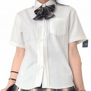 Nouveau été femmes Blouses chemise à manches courtes hauts blancs solides avec noeud papillon japonais coréen JK style chemises féminines revers Blusas 69wP #