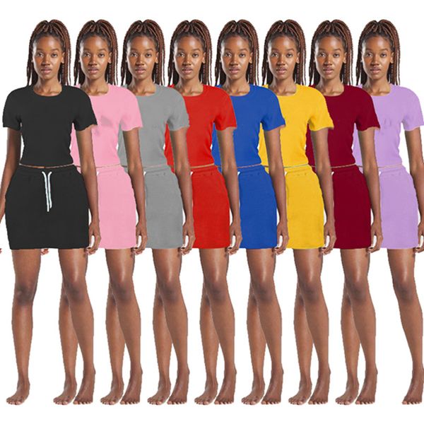 Nouveau été femmes robe ensembles survêtements survêtement costume à manches courtes t-shirt + mini jupe deux pièces ensemble grande taille tenues solides vêtements de sport décontractés t-shirt + minijupe 5383