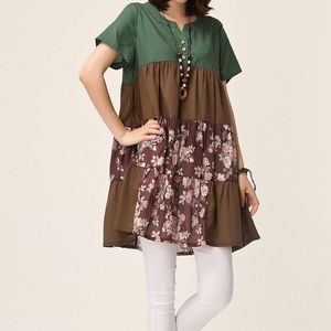 Nuevos vestidos de estilo de moda de verano para mujer, vestidos sueltos con cuello en V y manga corta con estampado de empalme, vestido informal de lino verde/café de talla grande M L