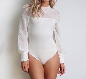 Nieuwe zomer dames sexy hals patchwork lange mouw terug dames kant mesh bodysuit transparant tops7254785