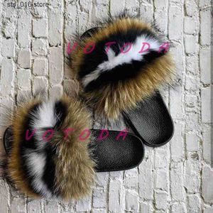 Nouvelles chariots d'été Slippers Femme Fluffy Fox Ratcoon Fur Slides femelles Femelles à l'extérieur Flip Flops Ladies Slip on Flat Shoes T230828 28CEC RY