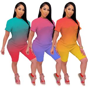 Nouveau été femmes survêtements tenues à manches courtes pull T-shirts + shorts pantalons dégradé deux pièces ensemble grande taille 2XL survêtement costume vêtements de sport décontractés survêtements 4796