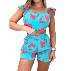 Nieuwe zomer dames tweedelig broek SNE0149 Designer Bloemen printen Suspenders Vest en shorts Backless Top Trousers Sets Leisure Street Fashion Suit