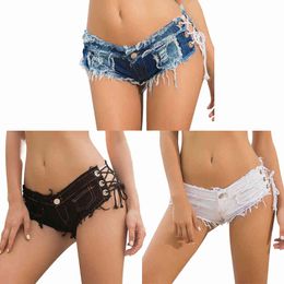 Nieuwe zomer womens lace-up mini hot broek jeans denim micro shorts denim skinny lage taille sexy clubwear voor vrouwelijke y220417