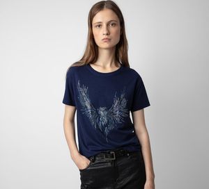 Nieuwe zomer zadig voltaire dames T-Shirt Zv Klassieke Brief Vergulden Tshirt Hot Diamond blauwe Kleur Slim Fit Tees meisjes katoenen T-shirt Tops