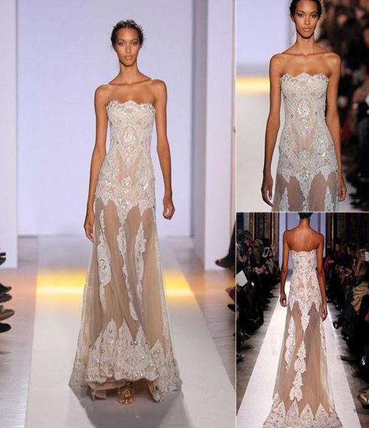 Nouveau été Zuhair Murad Robes de soirée broderie sans bretelles une ligne longtemps voir à travers un concours de laceant transparent GOW1070074