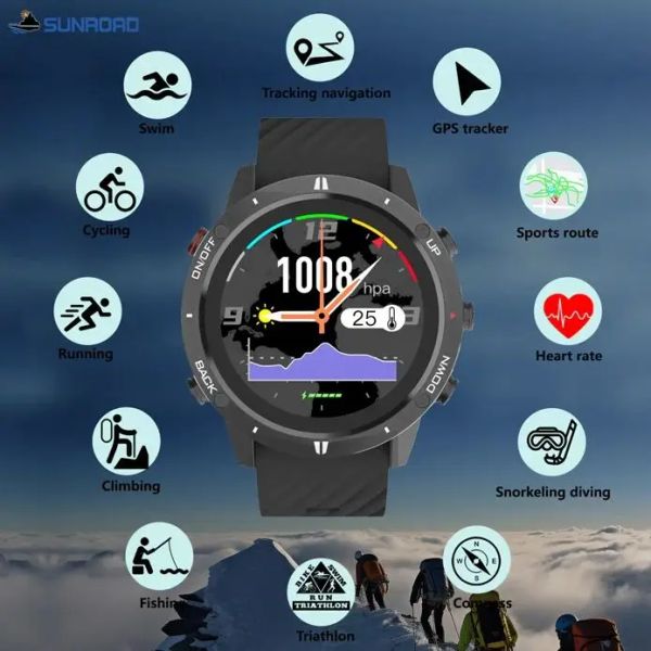 Nouveau Sunroad GPS Fishing Heart Rate Climbining Compass 50m Imperproof Smart Digital Men Watch