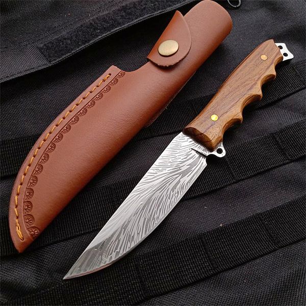 Nouveau couteau droit de survie 7Cr17Mov Laser Pattern Drop Point Blade Full Tang Rosewood Handle Couteaux de chasse avec gaine en cuir