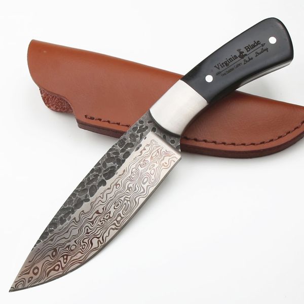 Nouveau couteau droit de survie forgé à motifs en acier à point de chute lame pleine soie manche en ébène couteaux à lame fixe avec gaine en cuir