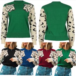 Nieuwe trui voor dames contrasterende kleur mozaïek luipaardpatroon shirt met lange mouwen dames gebreide mouw casual losse O-hals herfst