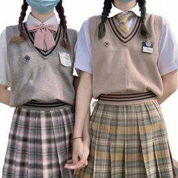 Nouveau pull en tricot gilet filles japonaises collège JK uniforme étudiant printemps automne mince col en V Hamana Sakura broderie kaki gris q9jX #