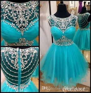 Nouveau Sweet 16 Aque Blue Sparkle Tulle Homecoming Robes Crystals Vestido de Festa Courte Summer Graduation Robe Robes Prom Robes 7407478