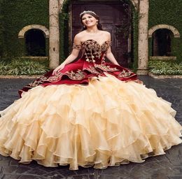 Nouveau doux 16 chérie bordeaux robe de bal Quinceanera robes avec broderie jupes à plusieurs niveaux à lacets longueur de plancher robe De Festa7098653