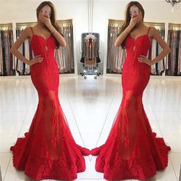 Nouveau chérie Appliques dentelle robes de bal robe de soirée bretelles Spaghetti sirène rouge longue robe de soirée