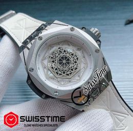 Nieuwe Zwitsers Quartz Mens Watch Steel Case White Inner Silver Skeleton Dial Tattoos White Rubber Riem Big Watches Nieuwe Swisstime Hubg11272314