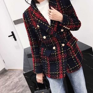 Nouveau T Plaid Blazer Femmes Vestes Automne Ligne Rouge Plaid Weave Bouton Double Boutonnage Femmes Blazer Hiver Haute Qualité X0721